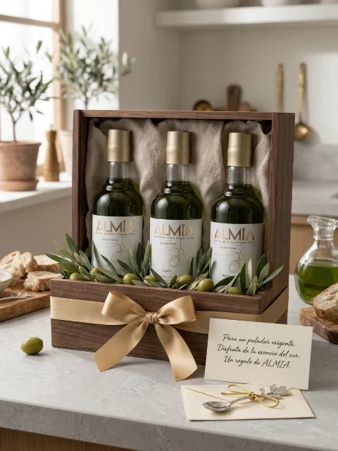Caja de madera de regalo con tres botellas de Almia, lazo dorado y tarjeta